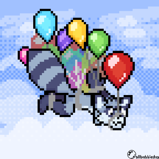 Chaotic, an anthropomorphic raccoon, floats high above the clouds with balloons tied around their waist, wrists, ankles, and maw.